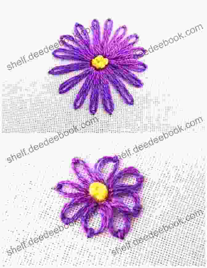 An Embroidered Lazy Daisy Flower In Full Bloom, With Delicate Petals And A Contrasting Center Hand Embroidery Patterns: Simple And Detail Hand Embroidery Ideas Beginners Can Try: Hand Embroidery Tutorials