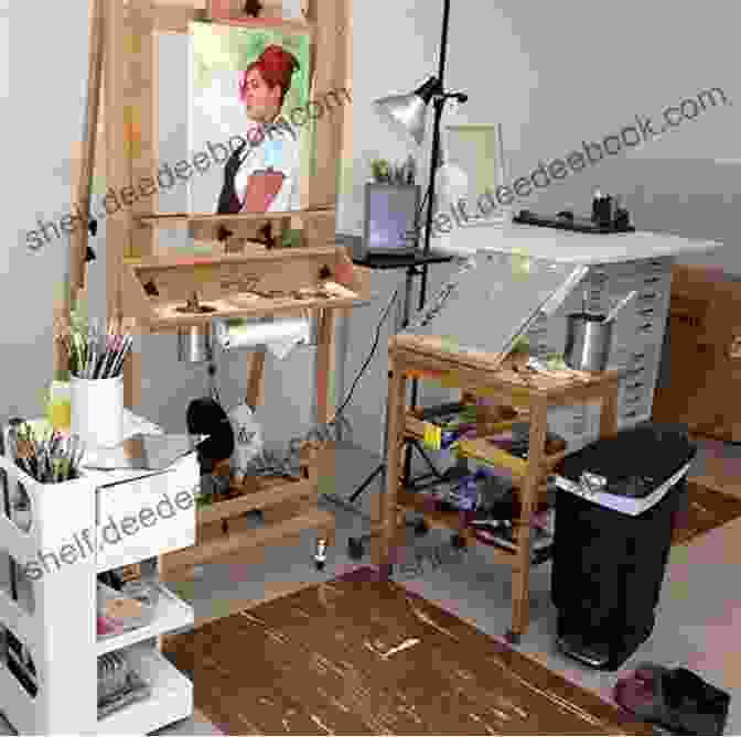 Photograph Of Fay Working On A Painting In Her Studio, Surrounded By Art Supplies And References The Artwork Of Jennifer Jo Fay